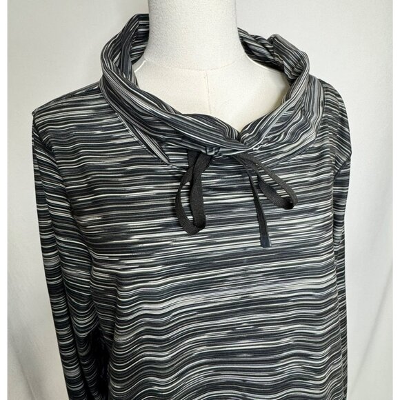 T By Talbots XL Womens Black White Striped Pullover Drawstring Cowl Neck UPF 50 - Picture 2 of 9